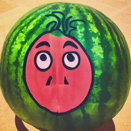 Prompt: a water melon with the face of mel gibson