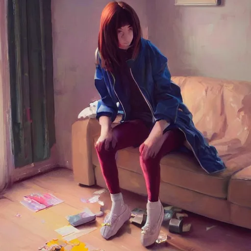 Image similar to A ultradetailed beautiful panting of a stylish girl sitting on the floor of a messy apartment, she is wearing an oversized jacket, Oil painting, by Ilya Kuvshinov, Greg Rutkowski and Makoto Shinkai