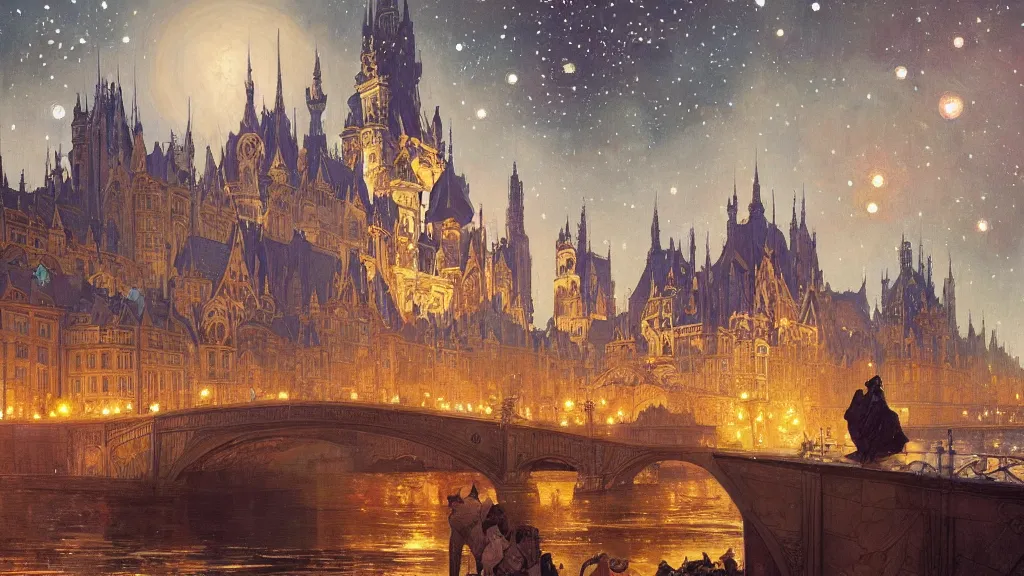 Image similar to a beautiful painting of the view from the river of a city of bridges and arches, with art nouveau architecture, at night with a sky full of stars, intricate, elegant, highly detailed, digital painting, artstation, concept art, by krenz cushart and artem demura and alphonse mucha