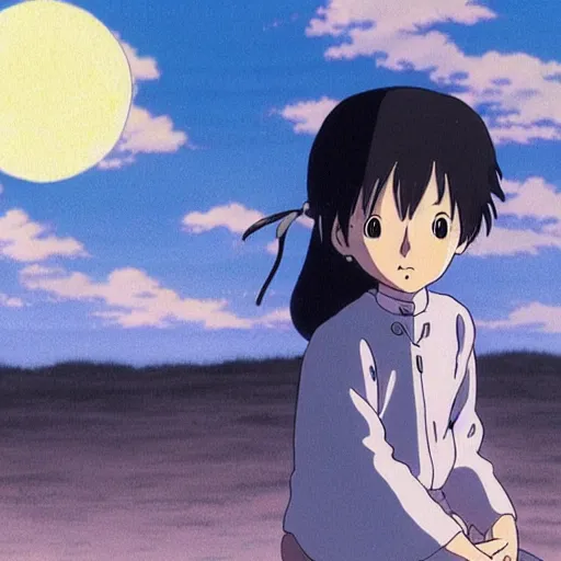 Prompt: looking at the moon, anime by Studio Ghibli, realistic, by Hayao Miyazaki