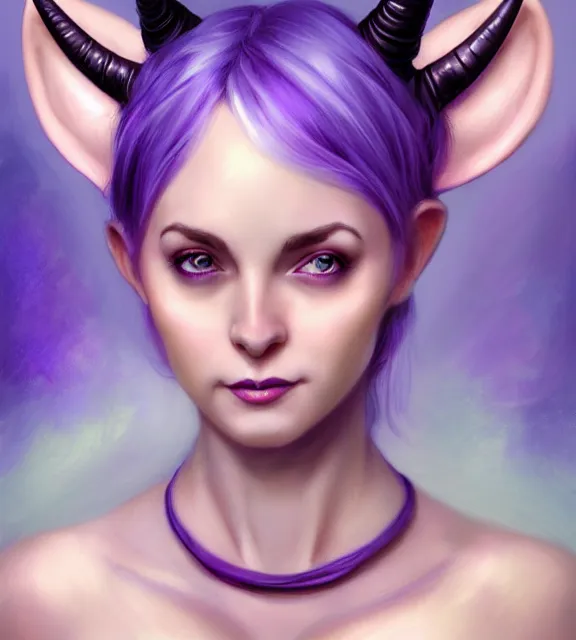 Prompt: cute female tiefling smiling wearing pale purple halter top, perfect face, horns, blue hair, abs, cinematic, blush, stunning, elegant, highly detailed, psychedelic, digital painting, artstation, smooth, hard focus, illustration, art by jessica rossier and and brian froud
