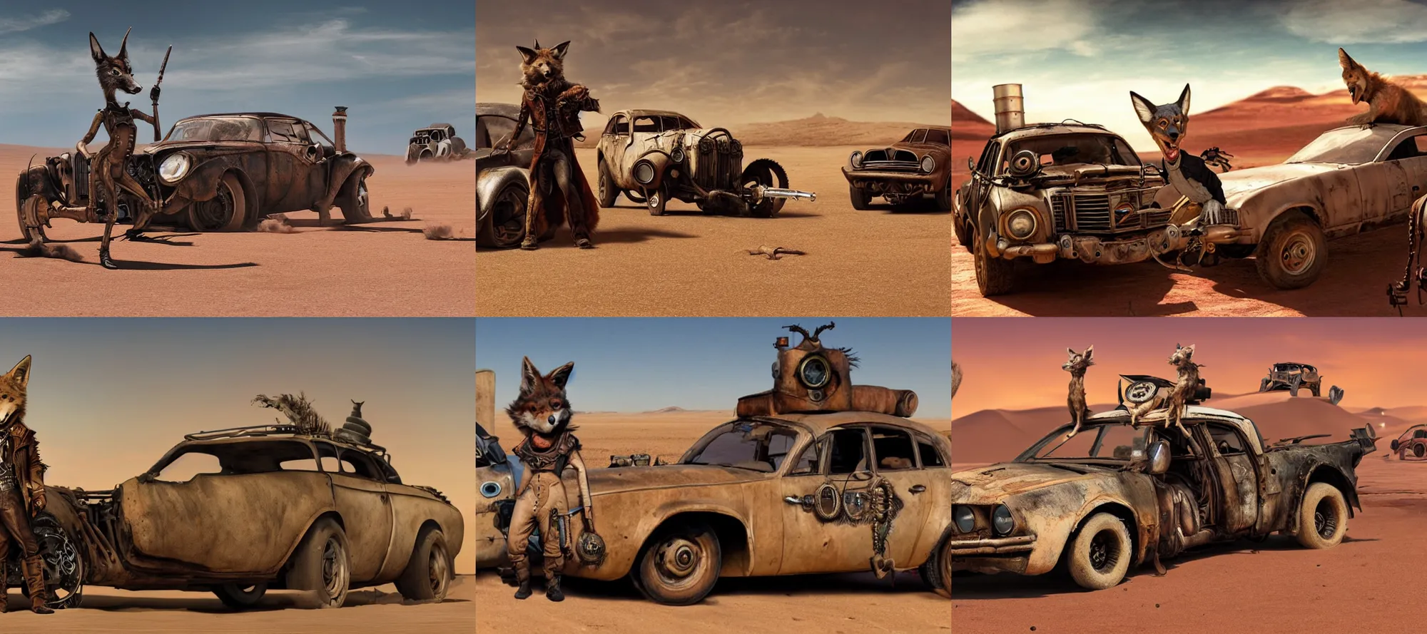 Prompt: A panoramic picture depicting an anthropomorphic coyote in a steampunk attire standing by a worn looking car in the middle of the desert, mad max style