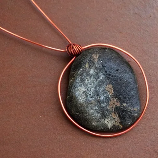 Prompt: beautiful but simple circular amulet made from equal parts bright sandstone and dark sandstone with a small rock shard separating them in the middle, bound together by copper wire and representing powerful love