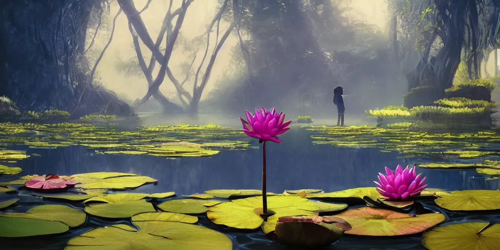 Image similar to A hand holding a water lily, night dramatic lighting, blue, yellow and purple tones, wide camera angle, matte painting, trending on ArtStation, concept art, delightful surroundings, high detail, sharp contrast, ray tracing, picturesque artwork by Mike Winkelmann, artwork by Ridley Scott, 4K, 8K, super graphically realistic detailed, high definition, HDR