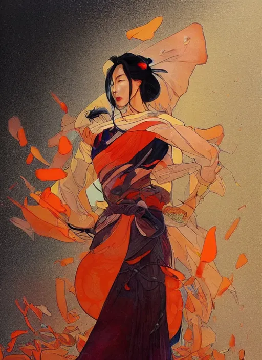 Image similar to mulan, orange spike aura in motion, damaged japanese clothes, floating pieces, painted by art by tsuyoshi nagano, greg rutkowski, artgerm, alphonse mucha, spike painting