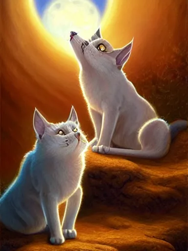 Prompt: two cats howling at the moon, near the ocean. intricate, elegant, highly detailed, digital painting, artstation, concept art, sharp focus, illustration, by justin gerard and artgerm, 8 k