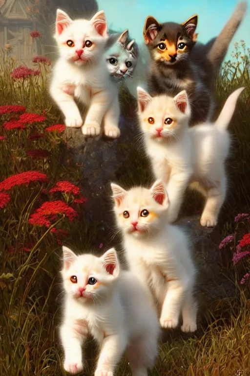 Image similar to clear portrait of a pack of kittens, cottagecore!!, background hyper detailed, character concept, full body, dynamic pose, glowing lights!! intricate, elegant, highly detailed, digital painting, artstation, concept art, smooth, sharp focus, illustration, art by artgerm and greg rutkowski and alphonse mucha