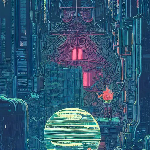 Image similar to Stunningly intricate illustration of single cyberpunk explorer overlooking lush forest, highly detailed, midnight, small glowing orbs by Josan Gonzalez and James Gilleard , Moebius, Laurie Greasley