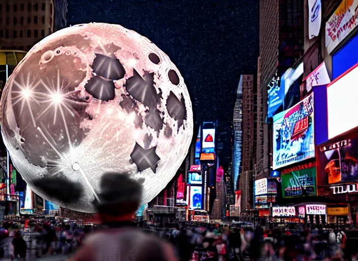 Image similar to film still of the moon shattering into pieces exploding moon over time square in the new disaster, 8 k, night time