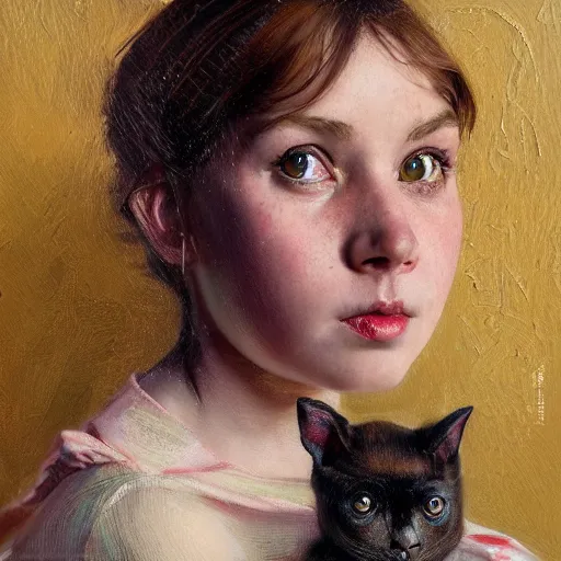 Prompt: A portrait of a sincere-looking girl, oil on canvas, wearing a cat made by wires ,masterpiece, hi-fructose, artgerm , Norman rockwell, craig mullins, n, trending on pxiv, highly detailed face, clear eyes concept art, hdri, 4k-