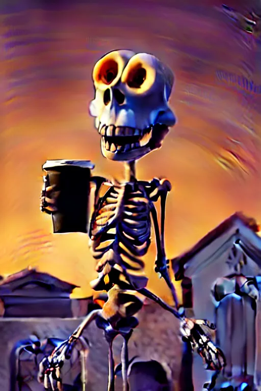 Prompt: a funny skeleton character with big eyes holding a cup of coffee on a cemetery at night. pixar disney 4 k 3 d render funny animation movie oscar winning trending on artstation and behance. ratatouille style.