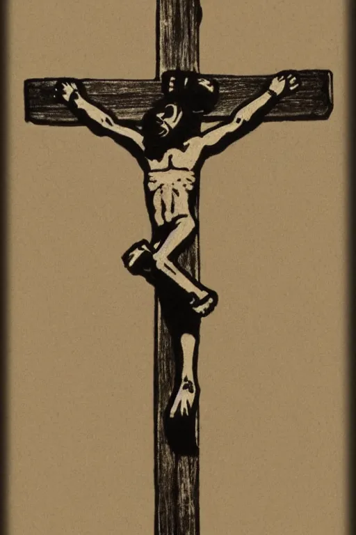 Image similar to steamboat willie crucified on a cross, drawn by Walt Disney