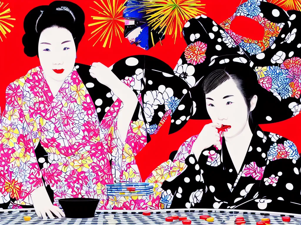 Image similar to hyperrealistim composition of the detailed single woman in a japanese kimono sitting at a extremely detailed poker table with darth vader, fireworks, river on the background, pop - art style, jacky tsai style, andy warhol style, acrylic on canvas