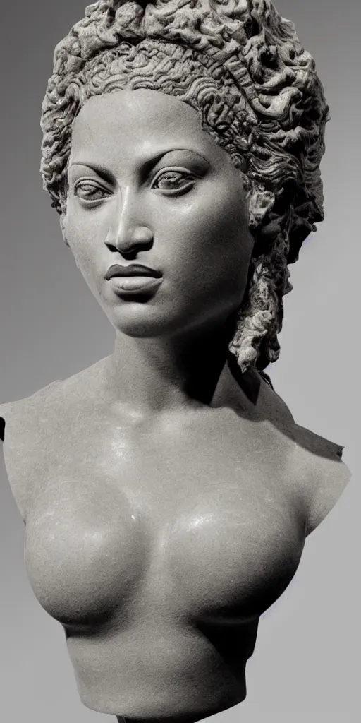 Image similar to detailed photo of ancient marble bust of beyonce, headshot, photorealism, intricate detail, museum diffuse lighting