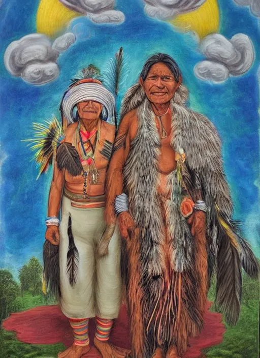 Prompt: portrait of an indigenous amazonian grandfather and grandmother in the clouds, smiling, protection, benevolence, ancestors, detailed faces, art by artgem