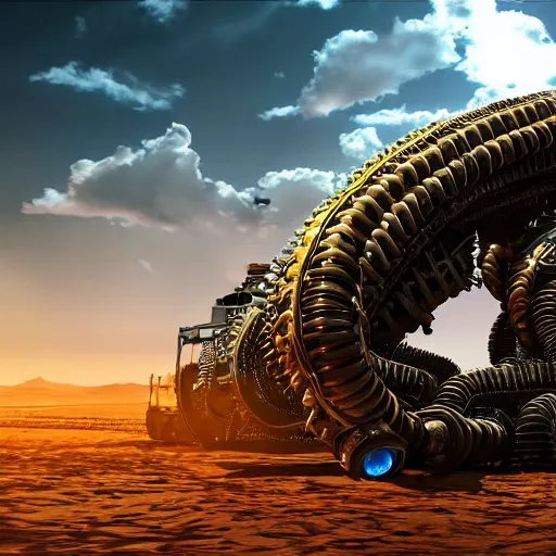 Image similar to giant robotic steampunk centipede in a desert, extremely detailed, hdr, unreal engine, robotic, retro, beautiful, sunny, intense, cinematic lighting,