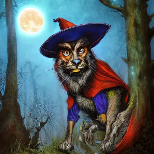 Prompt: portrait of the terrified Rincewind in the dark Forbidden Forrest, at night, full moon, blue tones, detailed, hyperrealistic, colorful, cinematic lighting, digital art by Paul Kidby