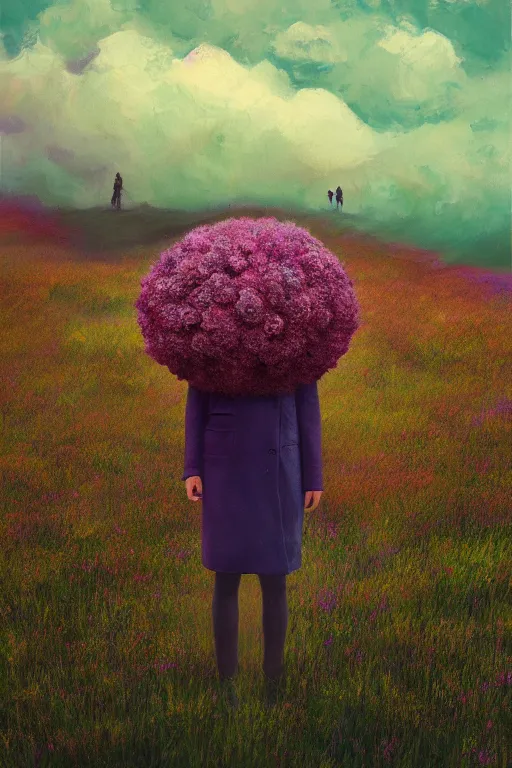 Image similar to portrait, giant flower head, a girl wearing a coat in heather field, surreal photography, wind and cold, dramatic sky, impressionist painting, digital painting, artstation, simon stalenhag