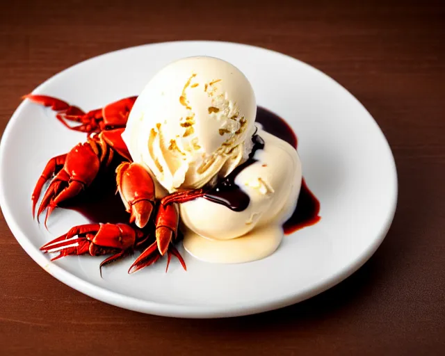 Image similar to dslr food photograph of vanilla ice cream with crawfish, some chocolate sauce, 8 5 mm f 1. 4