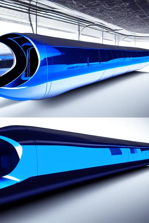 Prompt: transparent long dark blue plastic hyperloop by zaha hadid, space capsule with ray tracing glowing in the dark, dark moody monochrome colors,