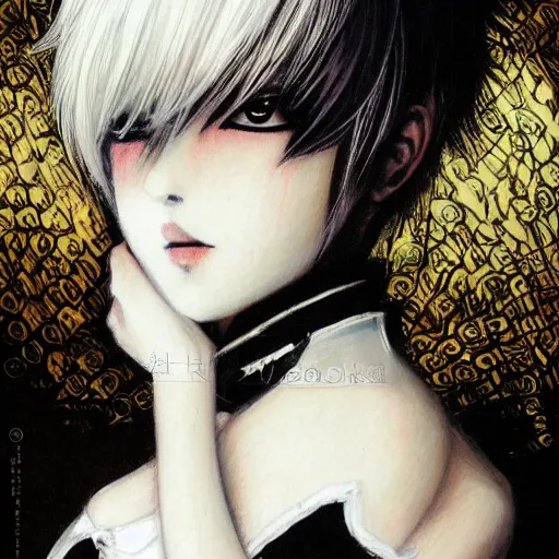 Image similar to Yoshitaka Amano realistic illustration of an anime girl with short white hair and black eyes wearing tuxedo, abstract black and white patterns on the background, noisy film grain effect, highly detailed, Renaissance oil painting