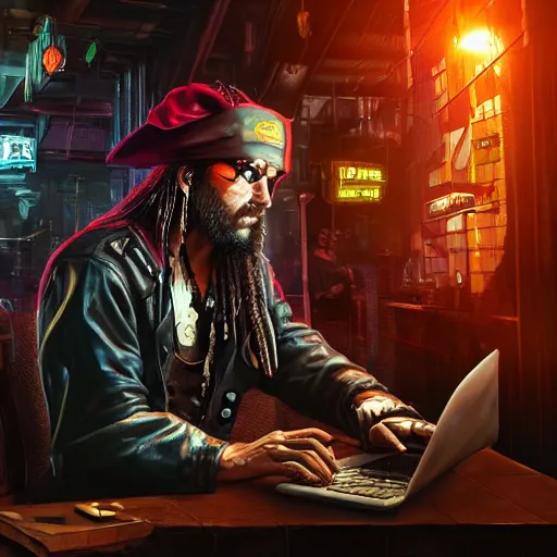 Image similar to a high quality portrait of a gritty pirate in a cyberpunk cyberpunk cyberpunk cafe, realism, 8k, award winning photo