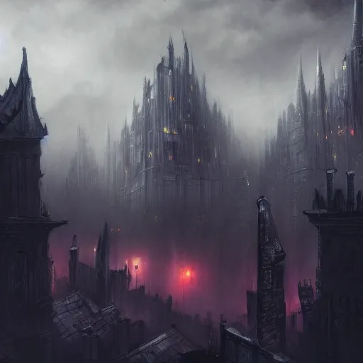 Image similar to fantasy dark vampire cityscape, painting, drone shot, lights in the dark, lanterns, fog, people in the streets, sharp roofs, city wall, smoke, dark fantasy, magic the gathering, fantastic artwork, 4 k, trending on artstation, by greg rutkovski, high fantasy, barren landscape