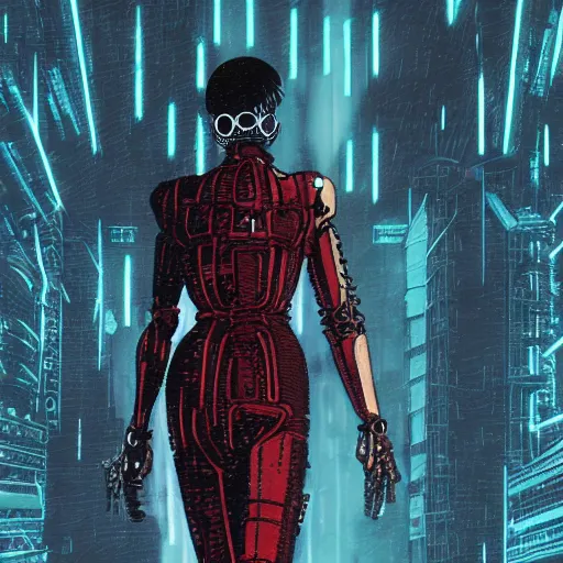 Image similar to bladerunner women wearing a jumpsuit and a biomechanical mask in the style of akira, smooth, sharp focus, hat lines, film still, zeiss lens