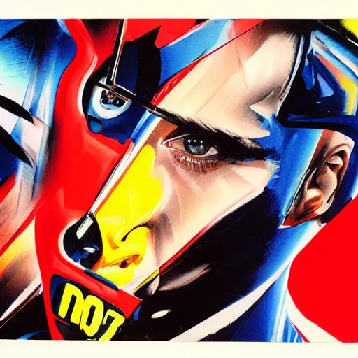 Image similar to photorealistic picture, by bob peak and alex ross, moto gp ads in 1 9 9 0 s, gouache and wash paints, fine details, fine intricate, fine facial proportionate, fine body proportionate, fine posse proportionate, smooth sharp focus, sharp focus