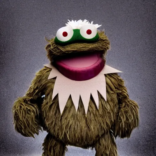 Image similar to a still of a forgotten muppet character looking very manly and modern, hilarious, laughing, hairy chest, huge chin, manly monster tough guy, roughled fur, photo real, photographic, photograph, artstation, trending, featured