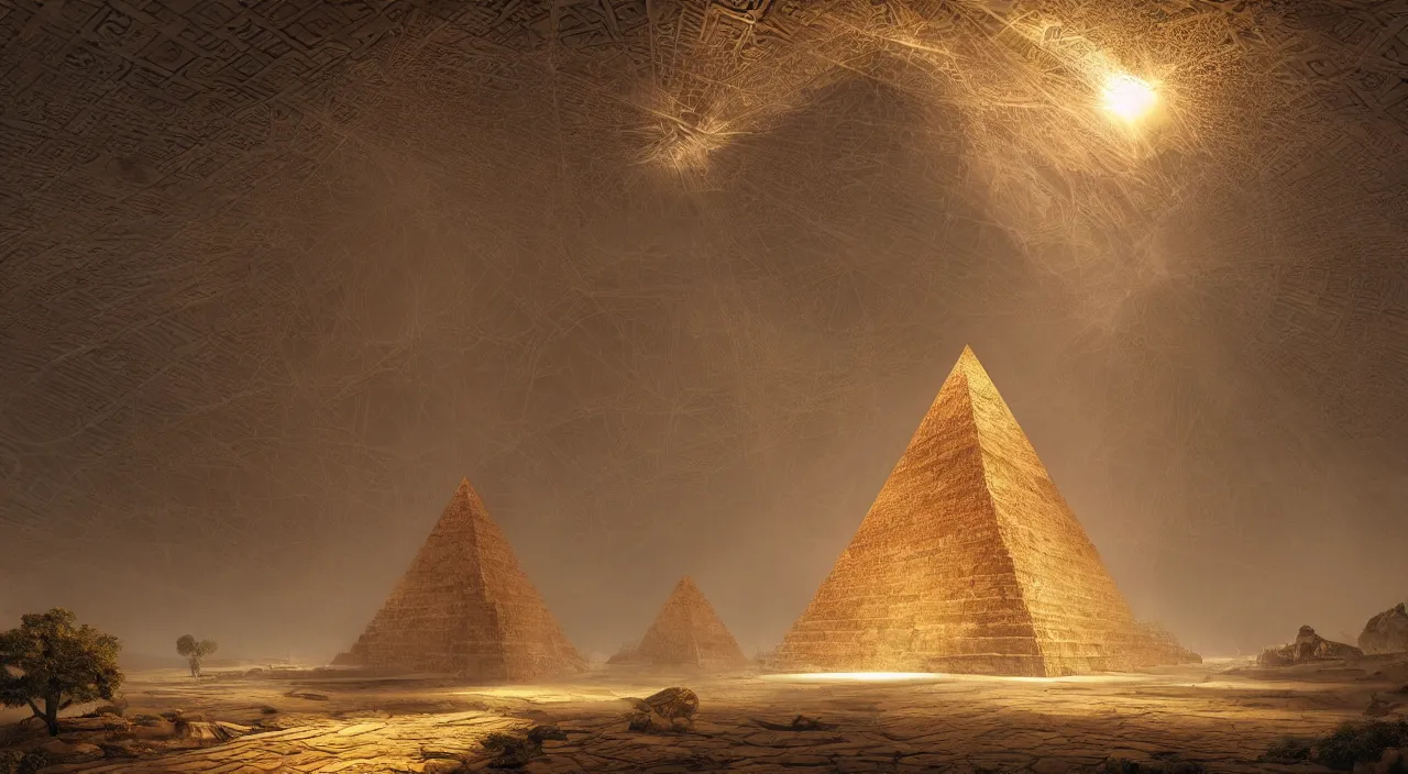 Prompt: ancient pyramid with a large illuminated gateway, fractal structure, cellular biology by glenn small, by ernst haeckel, by albert bierstadt, photorealistic, zaha hadid, god rays, volumetric lighting, detailed, intricate, delicate, raytrace, octane, light fog, neon, bladerunner