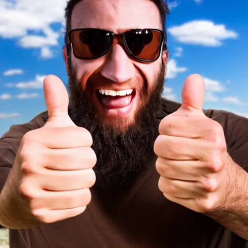 Image similar to giant thumbs up with a mean grin on palm