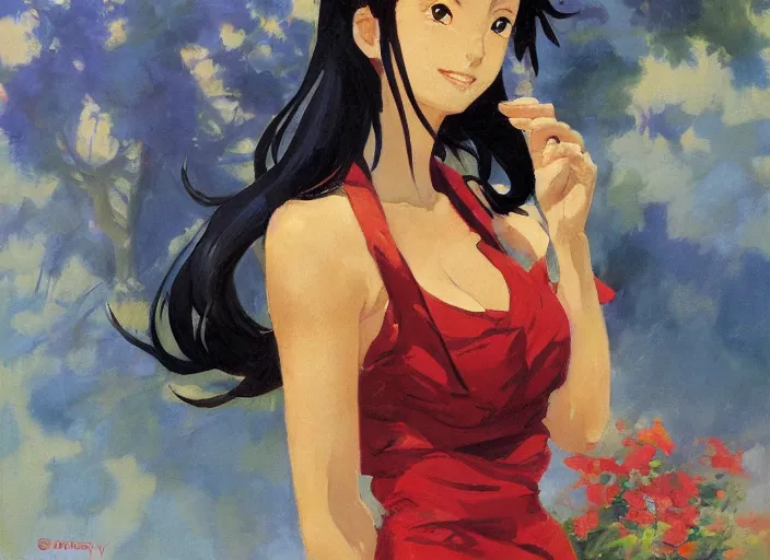 Image similar to a highly detailed beautiful portrait of misato katsuragi anime, by gregory manchess, james gurney, james jean