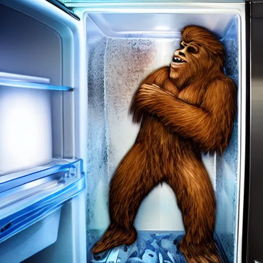 Image similar to bigfoot hiding inside a refrigerator