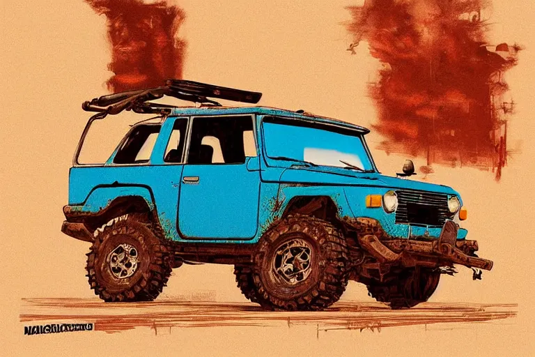 Image similar to digital illustration of a faded cyan mad max's fj 4 0 decrepit!!!! pursuit special, rusty!!! nissan fj cruiser heavily modded 1 9 9 0 s, the last v 8 interceptor by makoto shinkai, ilya kuvshinov, lois van baarle, rossdraws, basquiat