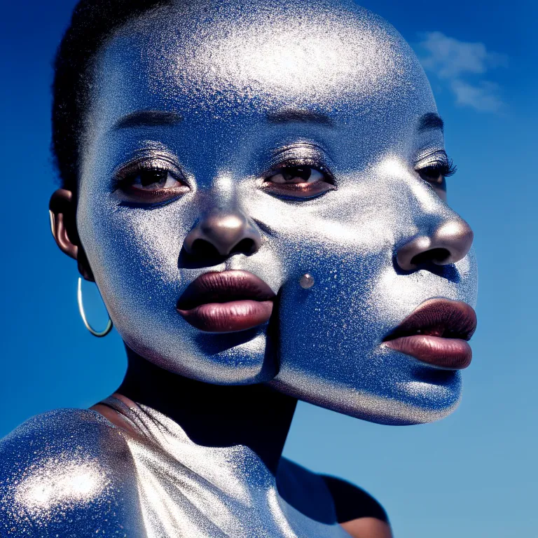 Prompt: portrait of metallic face, african woman, mercury, reflections, smooth liquid metal texture, proud looking, outdoor, nature, blue sky, 8 k, realistic, depth of field, highly detailed, art photography