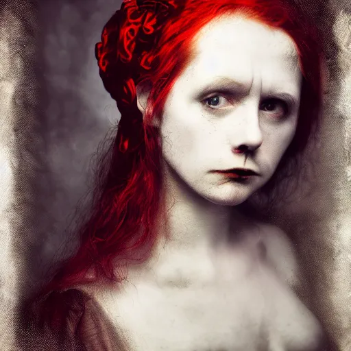 Image similar to dark schizophrenia portrait, death not dresses body red head woman in medieval dress, strangled with rope, blur effect face, victorian style, high detail