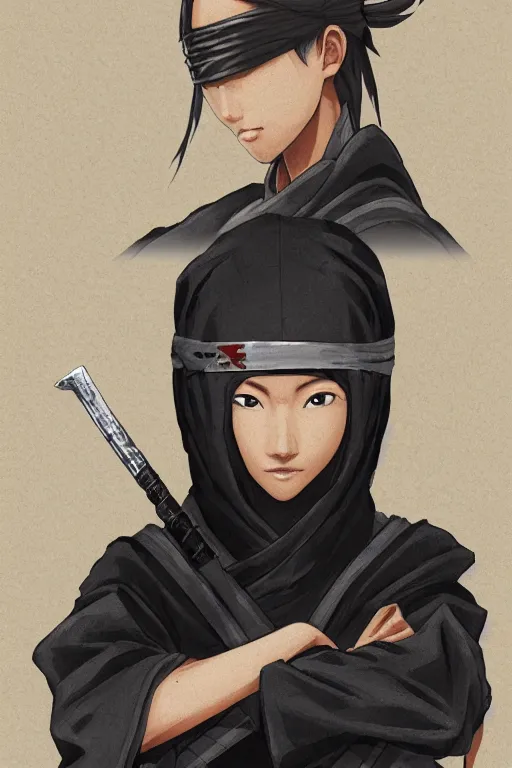 Image similar to native japanese young woman dressed like shinobi ninja, focused stare, partially masked, highly detailed, photorealistic render, digital painting, trending on artstation, character design, overcast weather