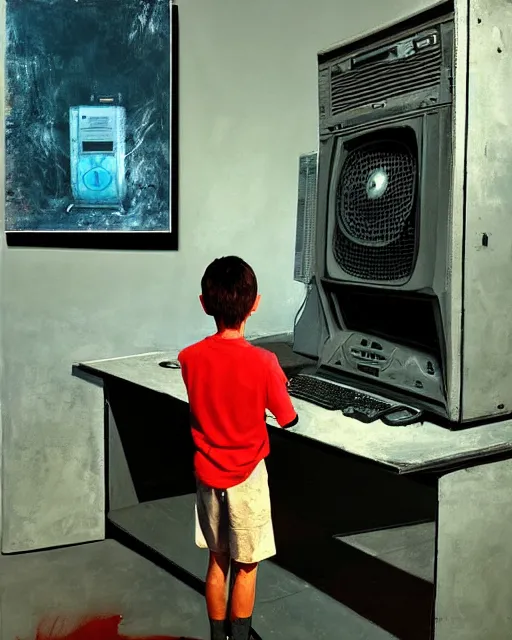Image similar to an 8 years old enlightened and scared boy standing in front of an old computer with a game doom2 at the monitor screen painted by Adrian Ghenie and Willem de Kooning and Cy Twombly, still from a 2021 movie by James Cameron. expressive acrylic flowing smudged painting