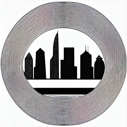 Image similar to a perfect circle where the inside is empty blank space and around the outer edge of the circle is the silhouette of a city skyline, black and white, minimalist, in the style of a line drawing