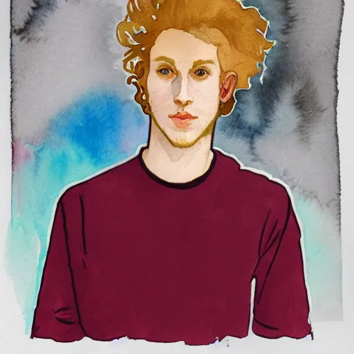 Image similar to abstract experimental watercolor drawing of a young cute handsome beautiful androgynous strawberry blond medium curly hair man in his early 2 0 s wearing a blank maroon t - shirt with grey - blue eyes, by elizabeth peyton and alphonse mucha and vincent van gogh, trending on artstation