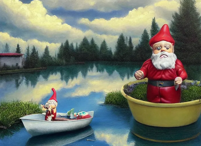 Image similar to a garden gnome sailing in a bucket, background of a reflective pond on a sunny day with dramatic clouds, an ultrafine detailed painting by mark ryden, trending on deviantart, pop surrealism, whimsical, lowbrow, joyous, perfect symmetrical face