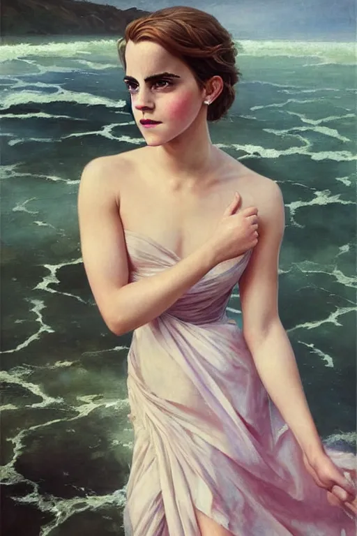 Image similar to a beautiful emma watson wearing a dress emerging from the water, oil on canvas, sensuality, artstation, by j. c. leyendecker and edmund blair leighton and charlie bowater, instagram photo