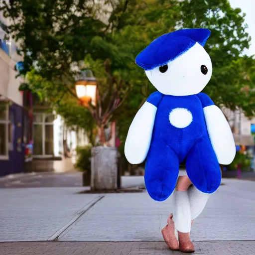 Image similar to blue'snappy gifts'human - sized plush doll, on sidewalk, holding gift, happy atmosphere, high detail, soft lighting, 8 k