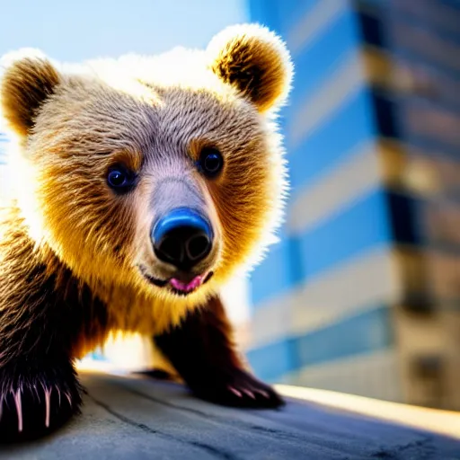 Prompt: a cute small bear cub sitting in the middle of a busy street with skyscrapers, low angle camera, cinematic, very detailed, 4 k, depth of field