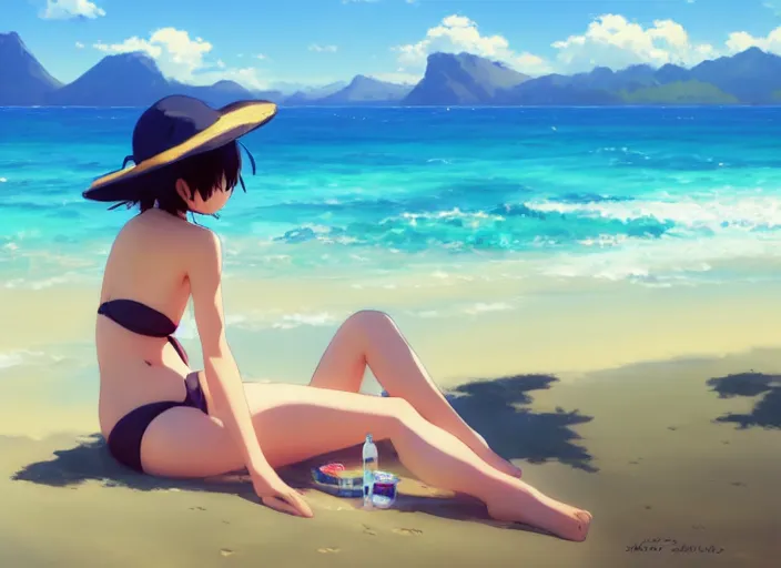 Image similar to a cute girl in a bikini and sunhat sitting on a towel on the beach, rocky mountains far in the distance, fluffy clouds on the horizon, by makoto shinkai an krenz cushart