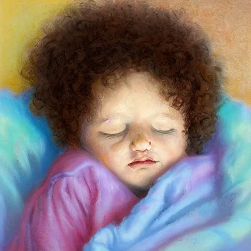 Prompt: a small curly headed child sleeping in a crib, beautiful painting, pastel colors, oil on canvas