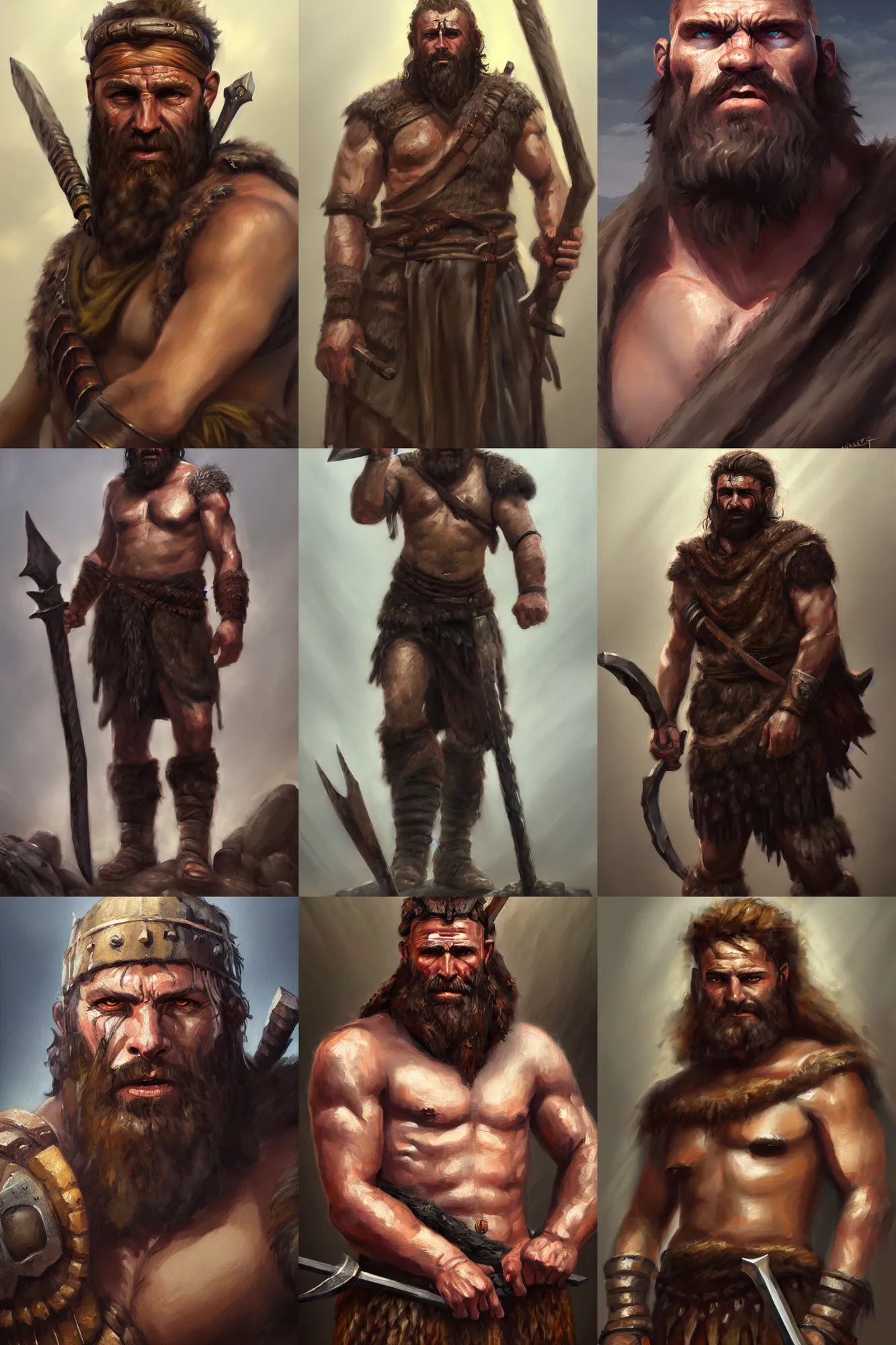 Image similar to a full body fantasy portrait oil painting illustration of a single rugged stoic barbarian man by Justin Sweet with face and body clearly visible, d&d, rpg, forgotten realms, artstation trending, high quality, sombre mood, artstation trending, muted colours, no crop, entire character,