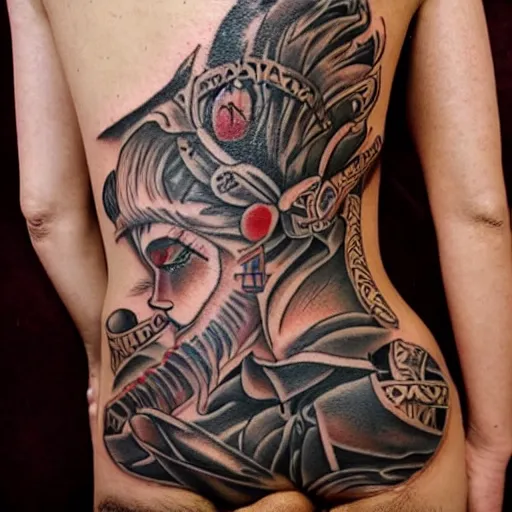 Prompt: dore style tattoo of female boddhisatva on abdomen