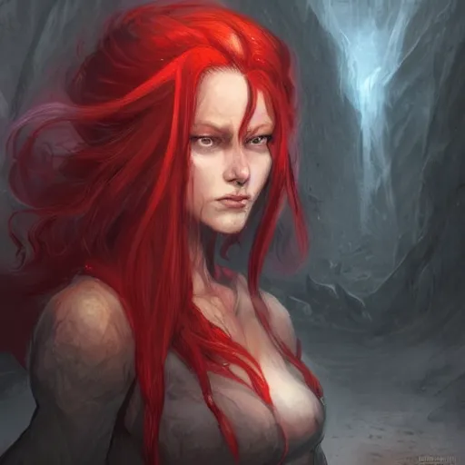 Image similar to a woman with red hair in a dark cave, concept art by Magali Villeneuve, deviantart contest winner, fantasy art, concept art, dark and mysterious, d&d